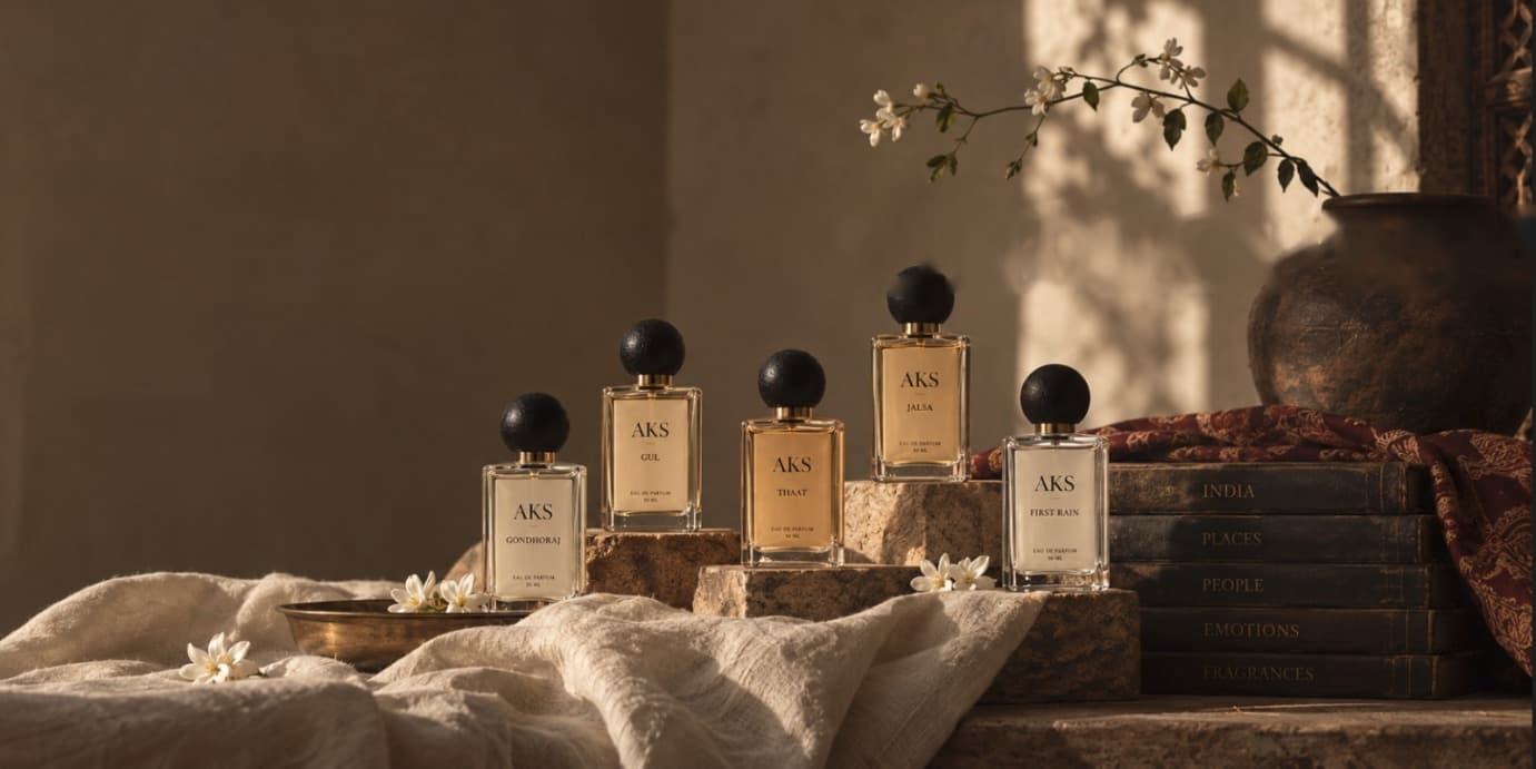 The AKS debut collection — five eaux de parfum on stone